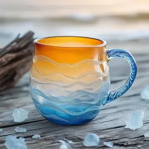 Handmade Ocean Style Glass Cup, Sunset Theme, Wave Pattern, Coffee Tea Cocktail Mug, High-Quality Durable Artistic Drinkware, Stylish Drinkware, Stylish Coffee Mugs