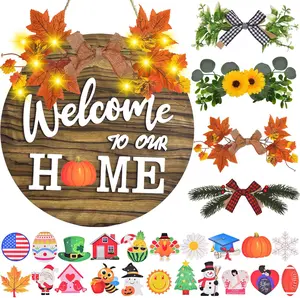 Interchangeable Welcome Home Sign, Front Door Decor With 4 Seasonal Wreaths and 21 Changeable Icons, Rustic Wood Wall Porch Hanger for Holiday Halloween Christmas Housewarming Gift (Brown)