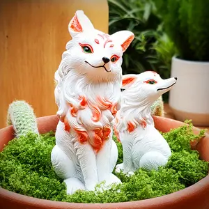 Resin Fox Statue: Adorable White Fox with Red Accents, Suitable for Indoor and Outdoor Decorations