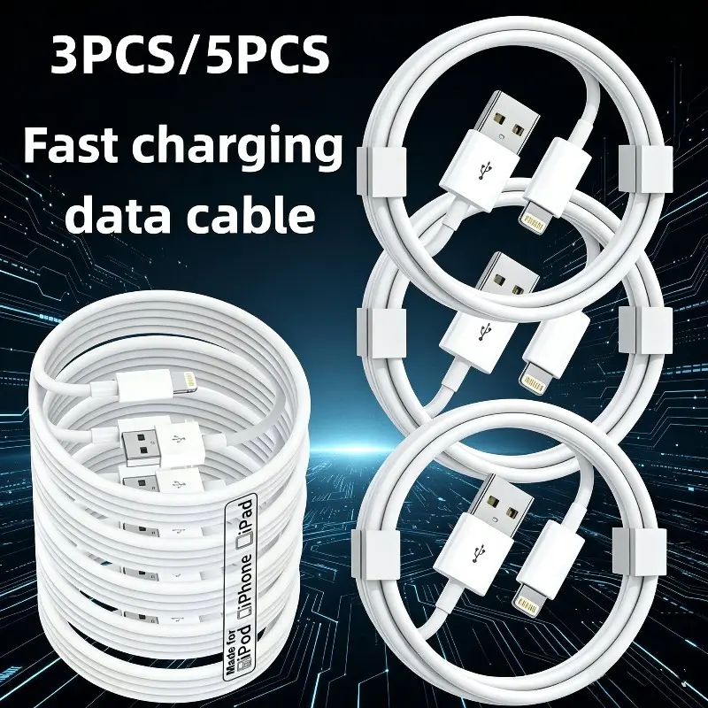 3pcs/5pcs Iphone Fast Charging Cable, Lightning Cables 3.3 Ft USB-A USB to Lightning Iphone 14/13/12/11 Pro Max/Xr/Xs/X/8/7/6 & Ipad - High-Speed Data Transmission, Durable PVC