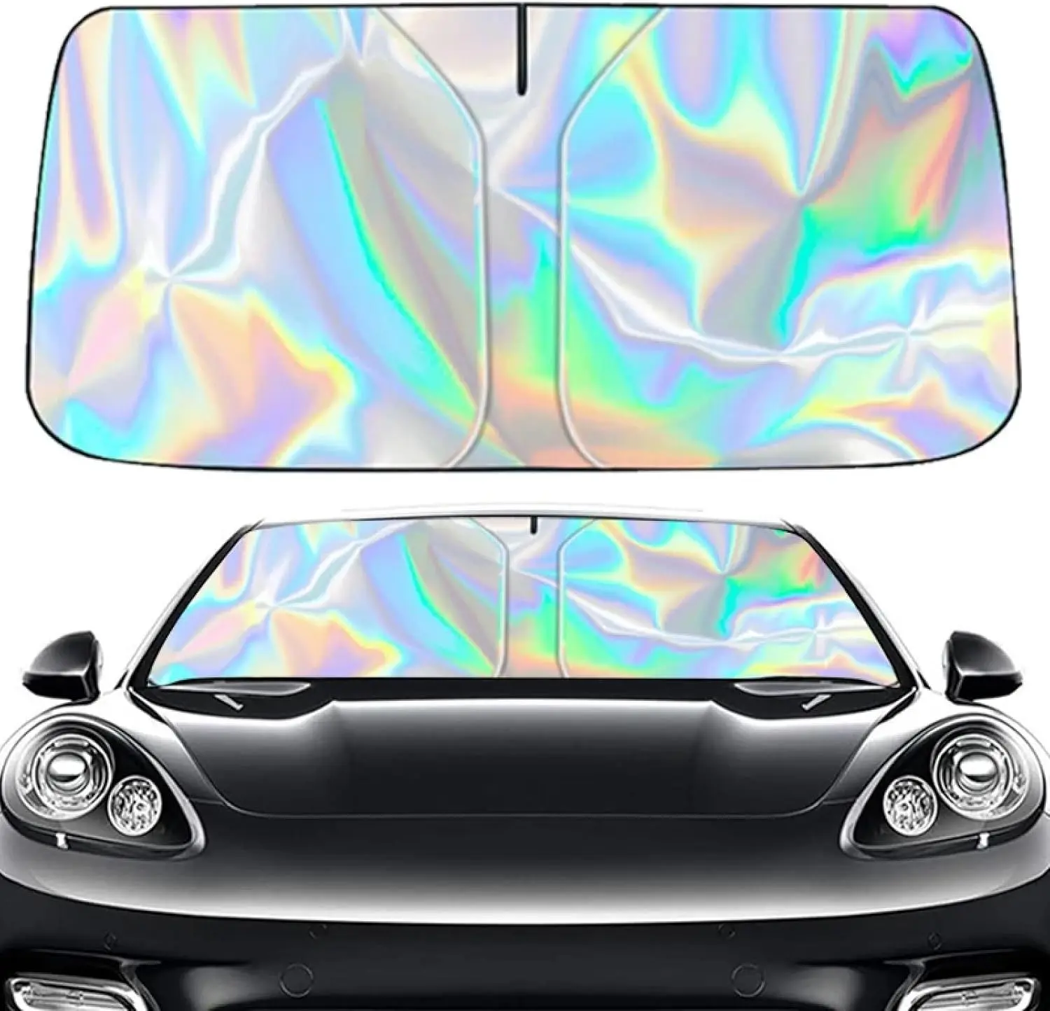 Iridescent Sun Shade for Car Windshield, Foldable Universal Car Windshield Upgrade Sunshade Enhanced UV Rays Reflective Sun Visor Shade Keeps Vehicle Cool																	