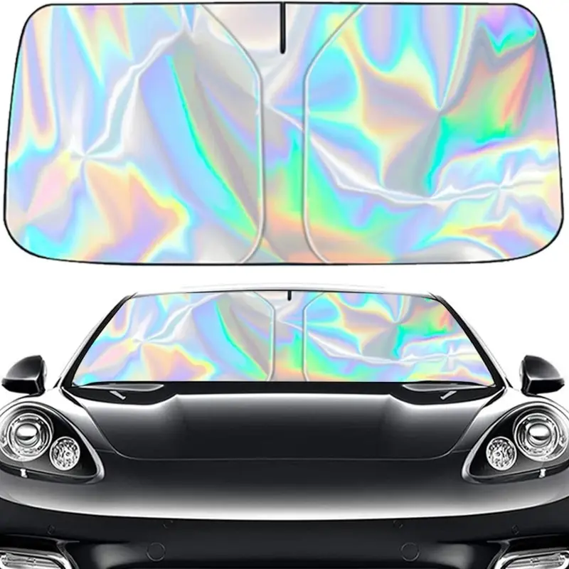 Iridescent Sun Shade for Car Windshield, Foldable Universal Car Windshield Upgrade Sunshade Enhanced UV Rays Reflective Sun Visor Shade Keeps Vehicle Cool