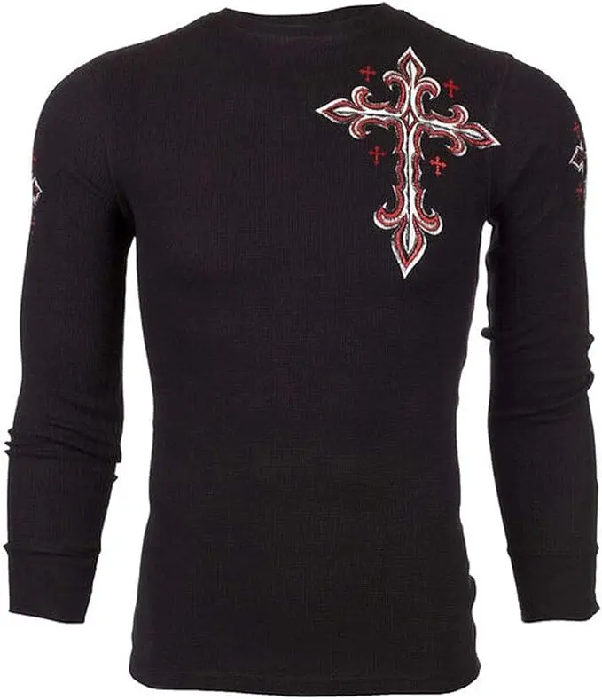 Archaic Affliction Men's Thermal Shirt Spine Wings Black - DARKER SIDE Biker MMA S-2X