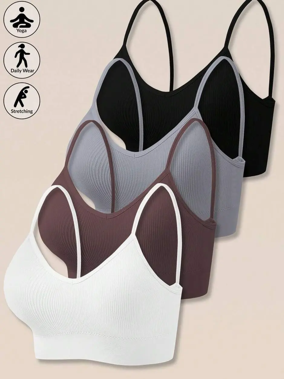 Women's 4-Pack Seamless Rib Knit Wireless Bralettes, Padded Cami Sports Bras, Stretch Yoga Lounge Everyday Comfort Bras