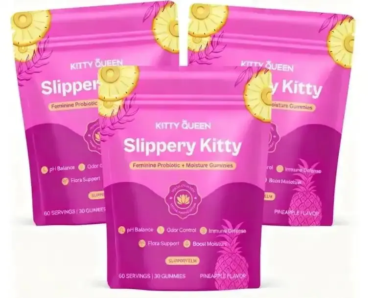 Slippery Kitty Feminine Probiotic + Moisture Gummies - All in One Solution with Slippery Elm 60 Count Pineapple Flavor