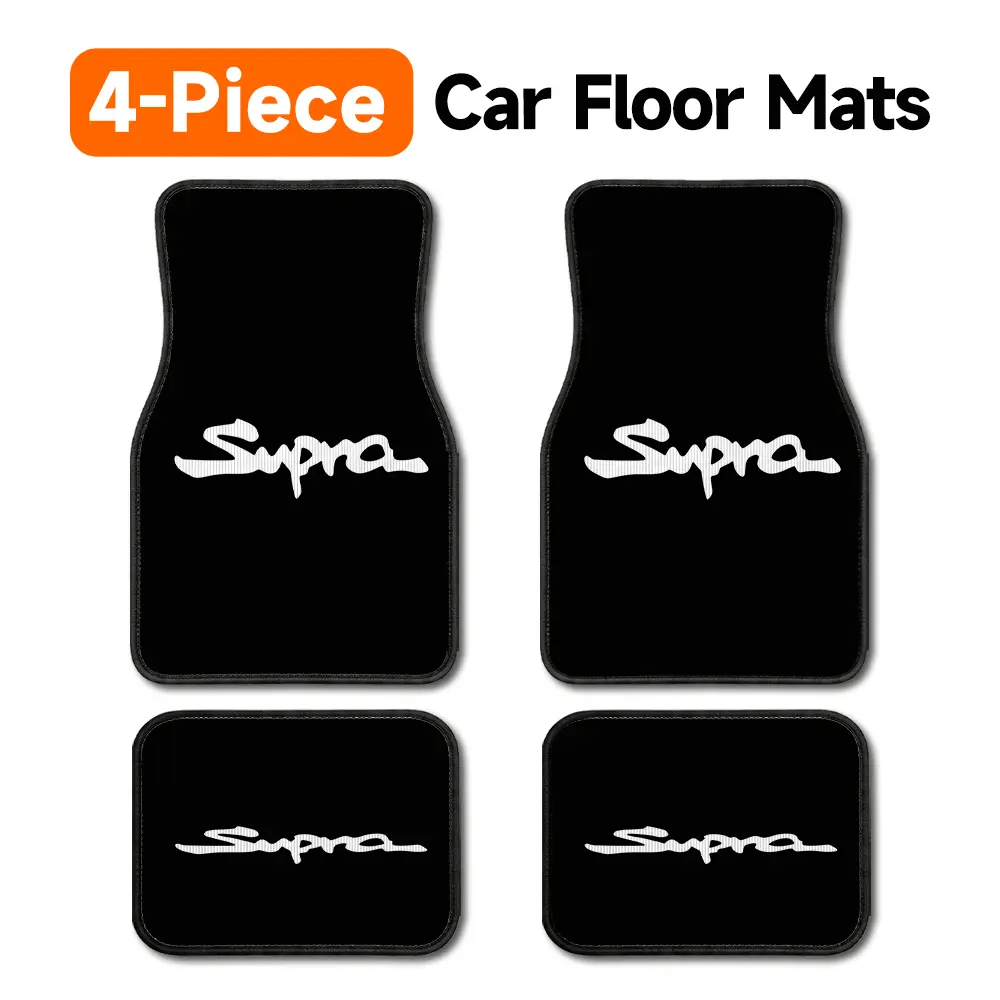 4-Piece Toyota Supra Logo Print Car Floor Mats Universal Fit Auto Floor Liner All Weather Protection Non-Slip Carpet, Black Car Mats with White “Supra” Script Design for JDM and Supra Car Enthusiasts
