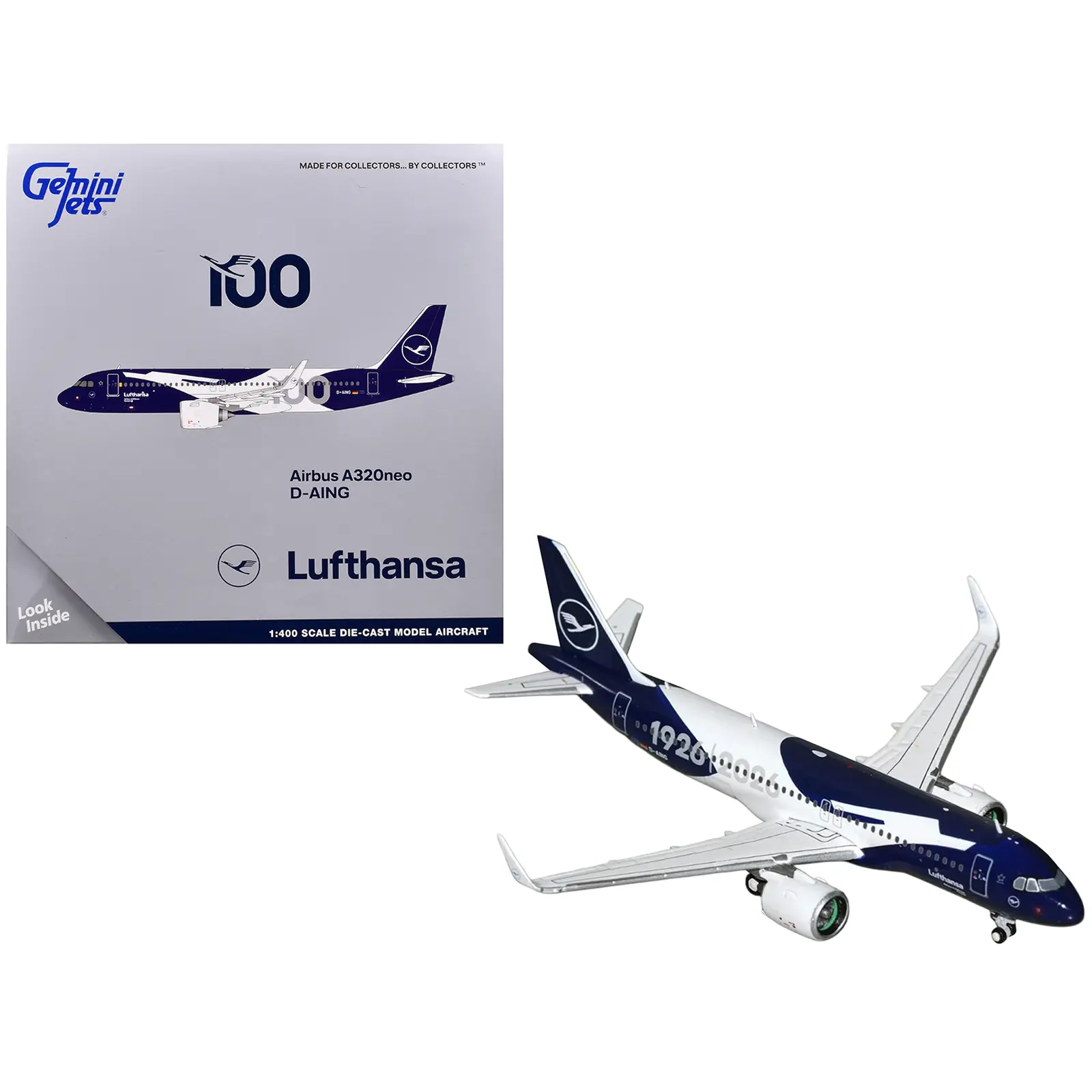 Airbus A320neo Commercial Aircraft "Lufthansa 100th Anniversary" White and Dark Blue 1/400 Diecast Model Airplane by GeminiJets