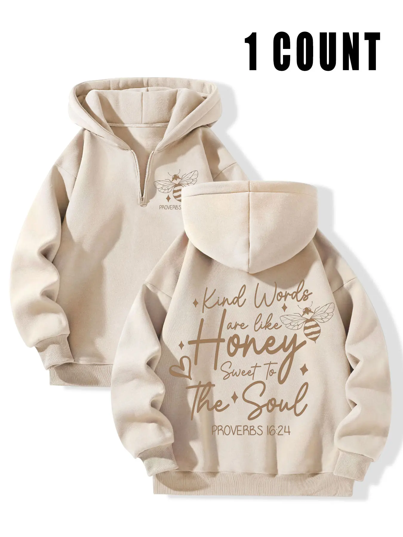 Religious Inspirational Half-Zip Hoodie Women, 'kind Words Are Like Honey' Quote Bee Graphic, Loose Fit Knit Fleece Cottage Core Sweatshirt Pullover for Fall Winter Casual Wear