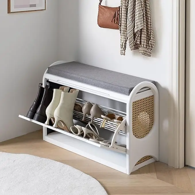 SULIVES Shoe Bench with Storage, Entryway Rattan Shoe Bench with Seating, Boho Design for Hallway & Bedroom, White Storage Access Springtok Multicolor