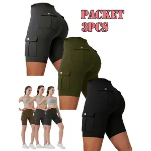 Women's 3-Pack Casual Gym Shorts, High-Waisted Multi-Pocket Workout Pants, Training Workout Shorts, Quick-Dry Slim-Fit Running Shorts, Elastic Outdoor Active Wear