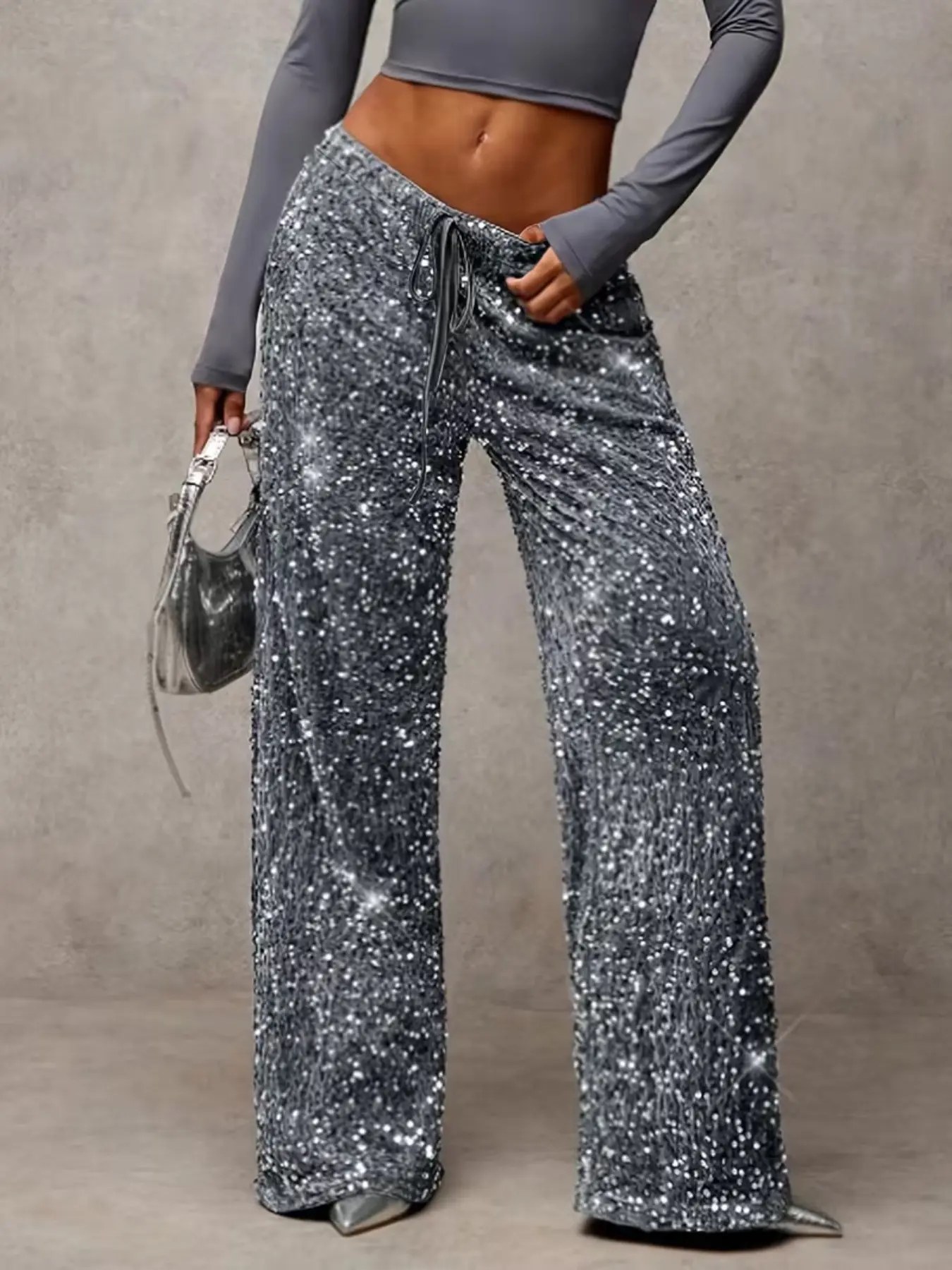 Women's High-Waisted Elastic Straight-Leg Pants, Contrast Sequins Design, Fitted Style Suitable for All Seasons, Elegant Party Wear, Wide Leg, Loose, Bottom, Womenswear