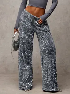 Women's High-Waisted Elastic Straight-Leg Pants, Contrast Sequins Design, Fitted Style Suitable for All Seasons, Elegant Party Wear, Wide Leg, Loose, Bottom, Womenswear