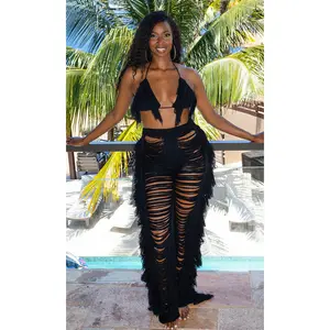 Coconut Cove Fringe Crochet Pant Set - Black