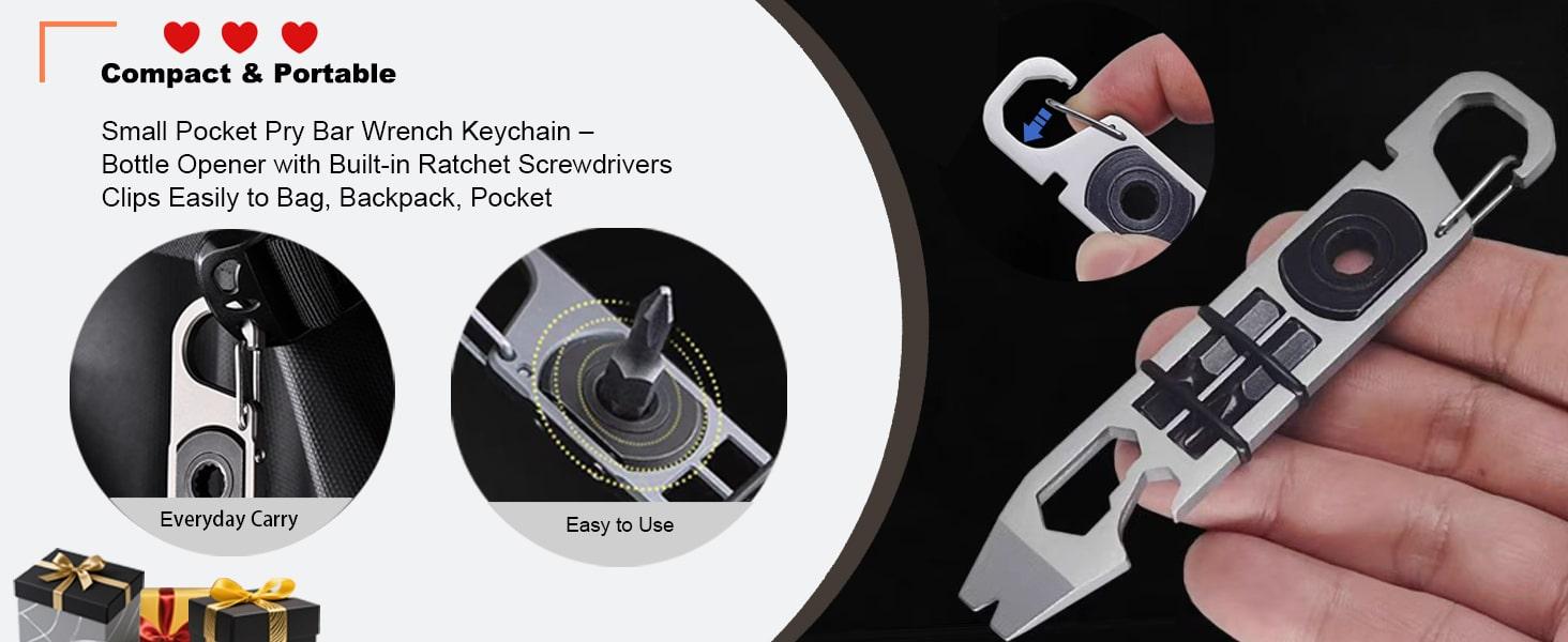 Multi-Functional EDC Pry Bar - Keychain Crowbar & Pocket Tool with Ratchet Screwdriver, Wrench, Box/Bottle Opener for Everyday Carry