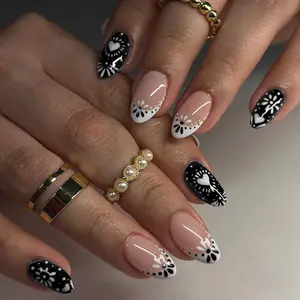 24pcs Short Oval French Tip Press-On Nails, Heart and Flower Design, Acrylic False Nails Set for Women, Includes Jelly Glue and Nail File, Pressed On Nails