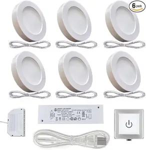 VST Under Cabinet Lights Plug in with Wired Touch Dimmer Switch,Recessed or Surface Mount,Natural White 3000K 12V 2W(12W Total, 60W Equivalent),6 Pack White Puck Lights Fixtures