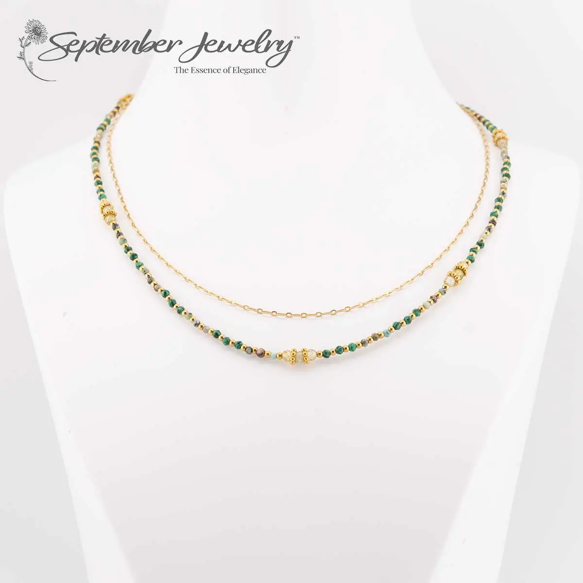 Stacked Malachite, Peridot, and African Turquoise Gemstone Necklace – 14k Gold Plated – 16 inch + 2 inch Extension