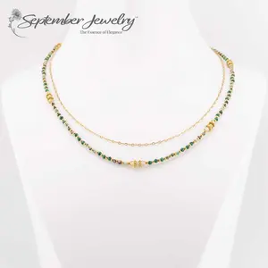 Stacked Malachite, Peridot, and African Turquoise Gemstone Necklace – 14k Gold Plated – 16 inch + 2 inch Extension