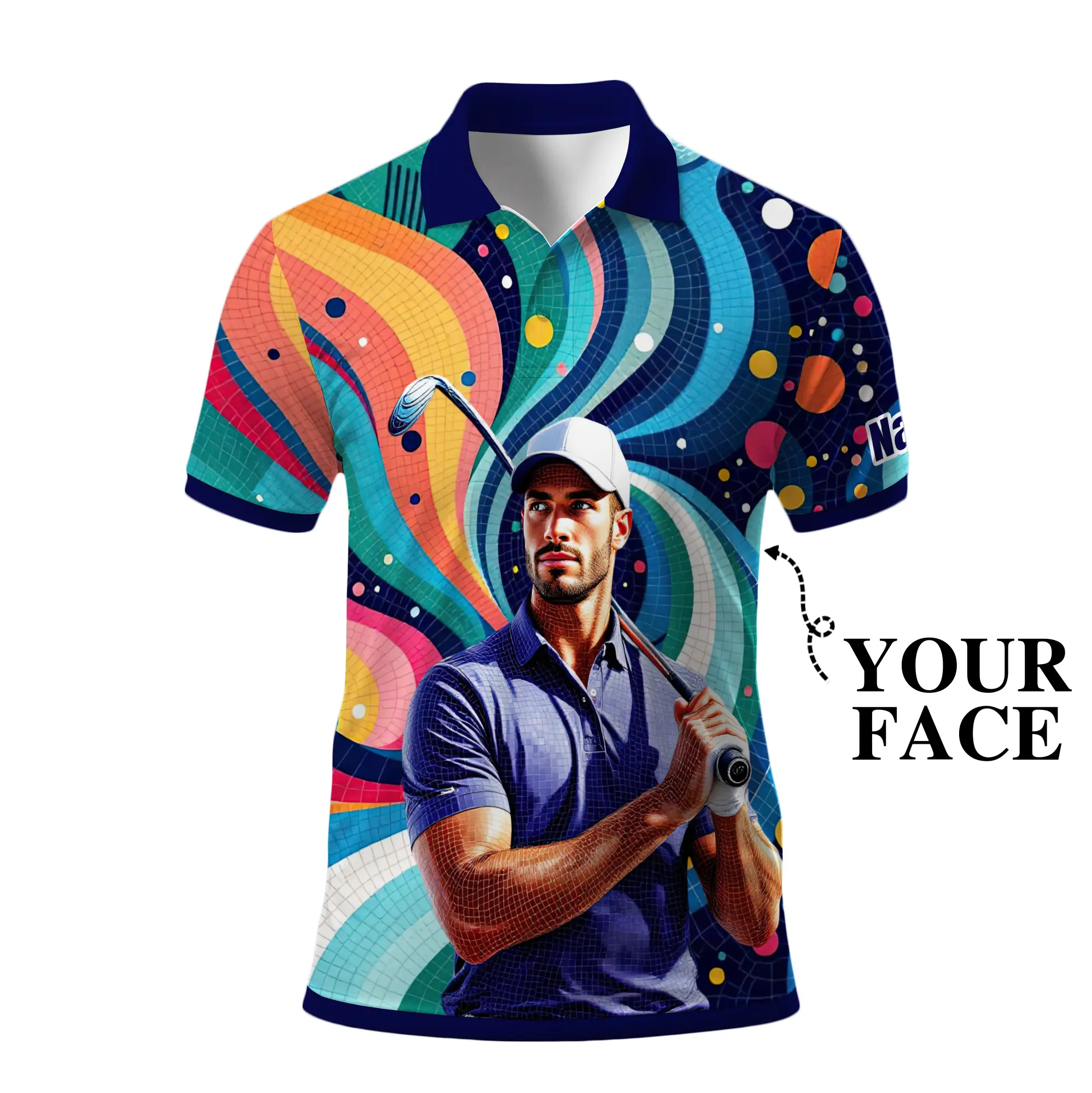 Personalized Mosaic Golf Polo Shirt with Custom Face for Men Vibrant Swirl Design Unique Gift for Father's Day Birthday Team Event Customizable Photo Text Premium Polyester Shirt Moisture Wicking Machine Washable