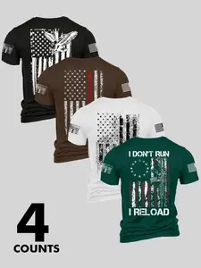 Men's Fashion Stylish Classic Round Neck Casual Short Sleeve T-Shirt Top, Summer Comfortable Graphic Flag Print Outdoor Tee, 4 Pack Set, Perfect for Boyfriend Daily Wear