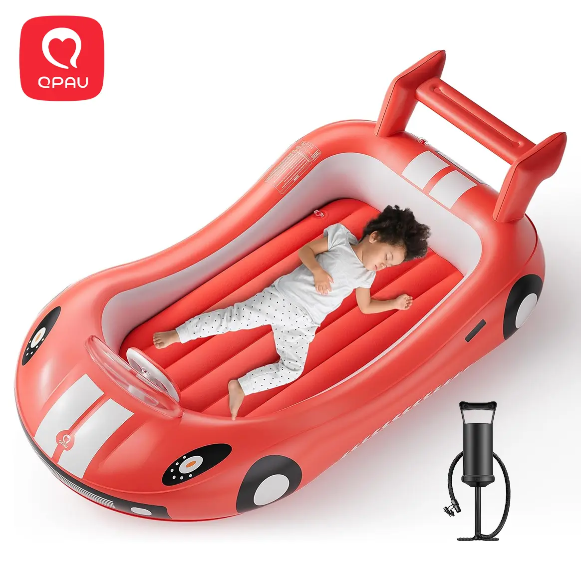 QPAU Inflatable Kids Travel Bed, Toddler Airbed with Sides, Hand Pump Included, Portable Racing Car Design, Safe Materials for Camping, Traveling Hotel Home Use Self Inflating Bed Quick Inflate