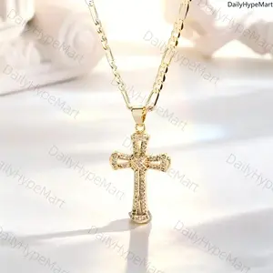 14K Gold Plated Iced-Out Cross Pendant Necklace for Mother's Day Gift