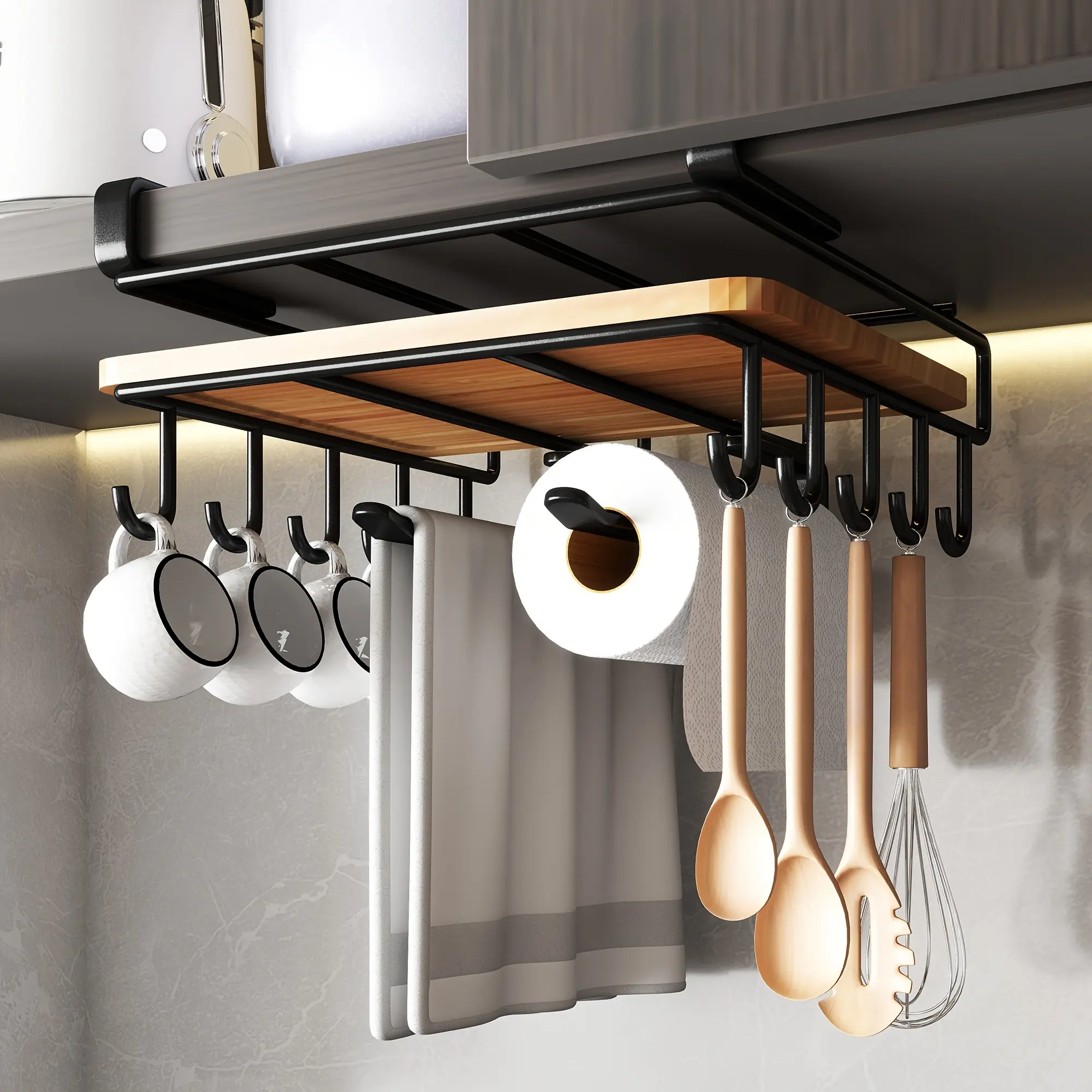 Stainless Steel Kitchen Organizer - No Drill, Double-Layer Under Cabinet Storage Rack for Cutting Boards & Pot Lids with Paper Towel Holders
