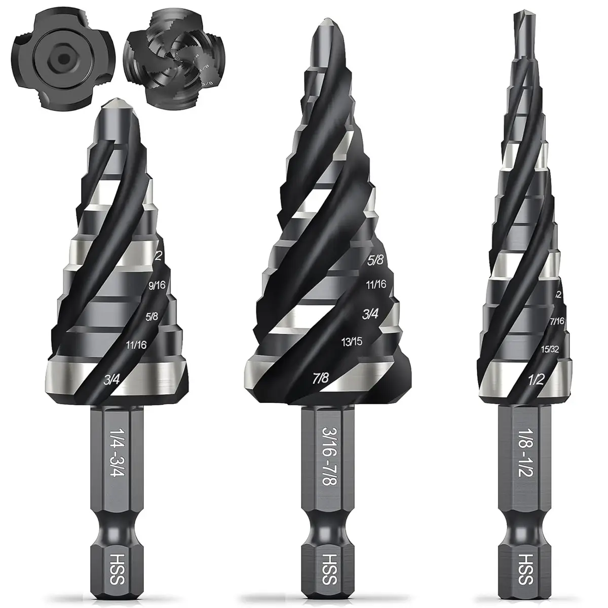 【Fall Deals For You】THINKWORK Four Spiral Flute Step Drill Bit Set, 3 Pcs HSS Step Drill Bits with Tool Box, 1/4" Shank Step Bits for Aluminum, Wood,
