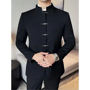 Men’s modern mandarin-collar suit jacket, traditional Chinese Tang coat – polyester blend with elastane and rayon, solid color, fashion stand collar, slight stretch fabric, single-breasted with button details, regular fit long sleeves – for men – suit