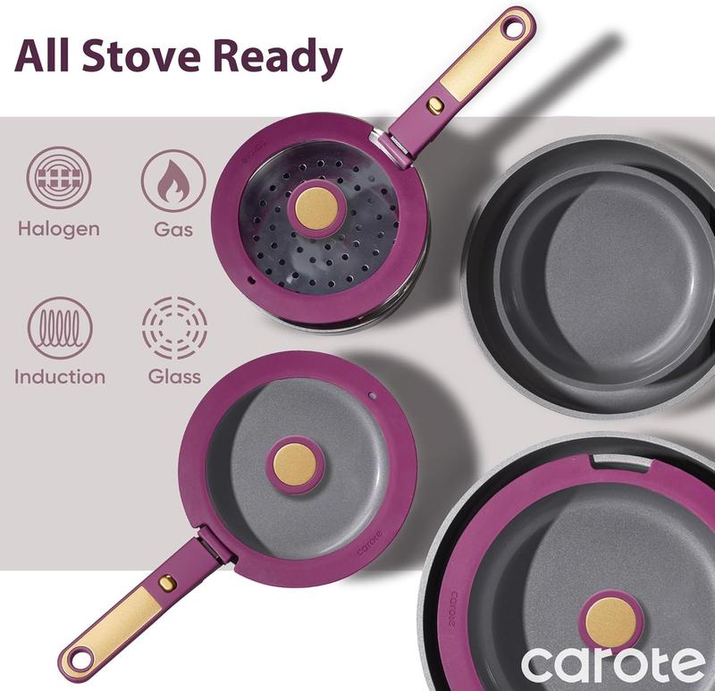 CAROTE Ceramic Pots and Pans Set, Nonstick Cookware Set Detachable Handle, 6pcs Induction Kitchen Cookware Sets Non Stick with Removable Handle, RV Cookware Set, Oven Safe, Purple