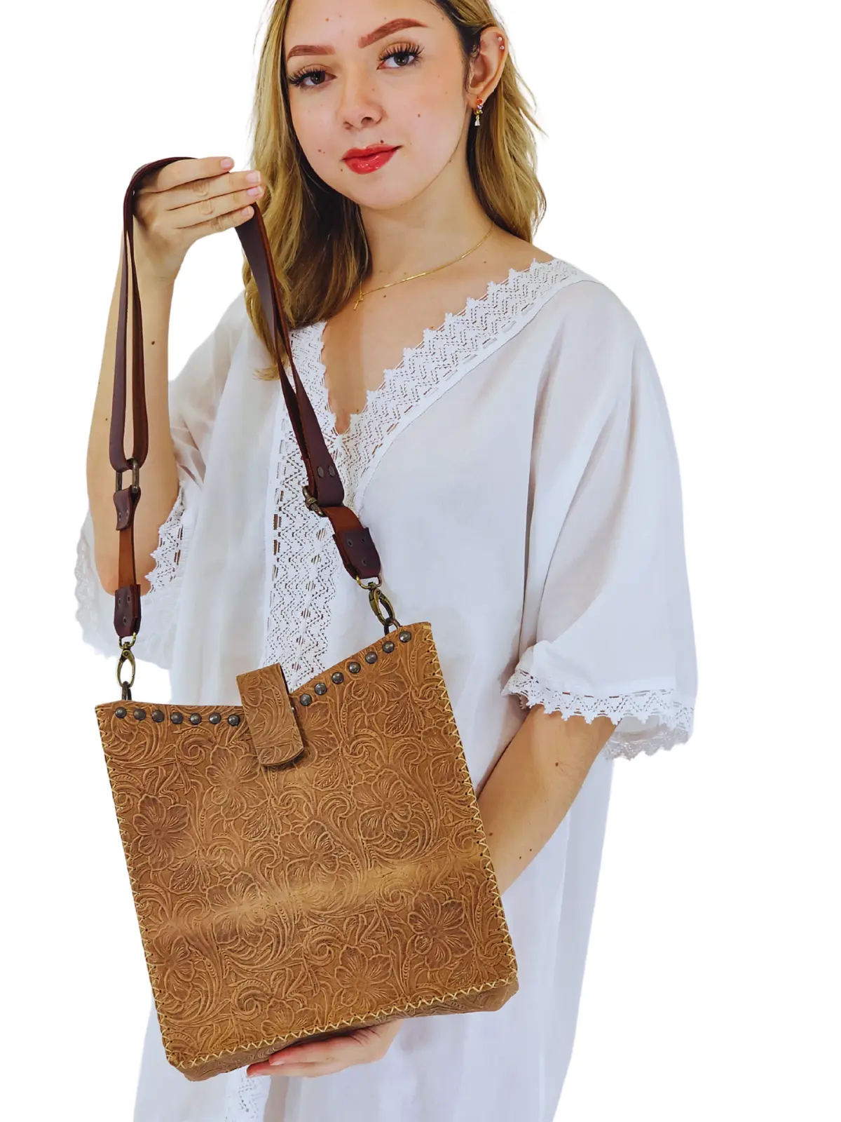 Flower-Embossed College Leather Crossbody Bag – One-of-a-Kind Handcrafted Cowhide with Adjustable Strap