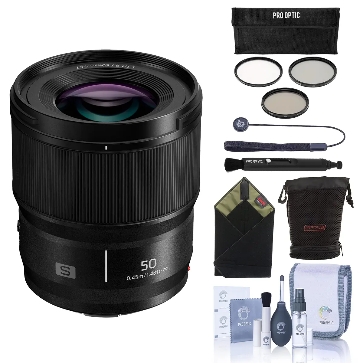 Panasonic LUMIX S 50mm f/1.8 Lens for L Mount, Bundle with ProOptic 67mm Filter Kit, Pouch, Lens Cleaner, Lens Wrap, Cleaning Kit, Lens Cap Tether