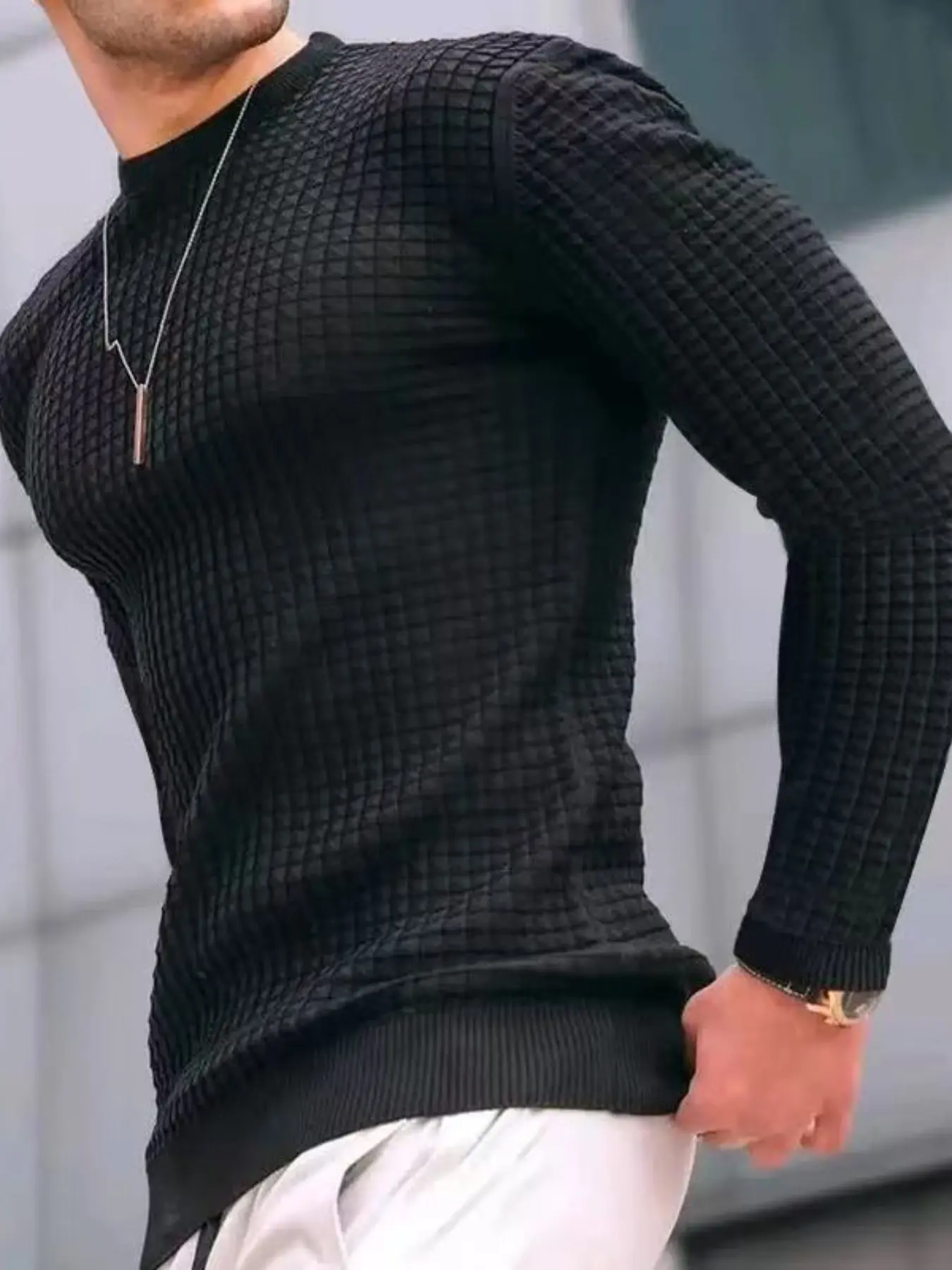 Trendy Men's Waffle Knit Fitted Sweatshirt, Vintage Plaid Design, Round Neck Long Sleeve, Versatile Casual Wear, Knitwear, Perfect for Daily Athletic