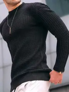Trendy Men's Waffle Knit Fitted Sweatshirt, Vintage Plaid Design, Round Neck Long Sleeve, Versatile Casual Wear, Perfect for Daily Athletic