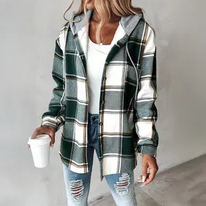 Women'sPlaidHoodieLongSleeveJacketButtonDrawstringCasualFallShirtsShacketWithPocketAdjustableBasicCoatsFabricSpandexStyleTeeflanneloutfits Womenswear Tops