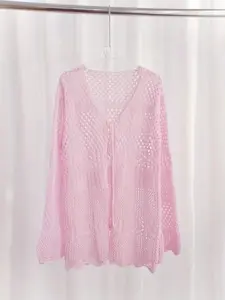 Women's Solid Color V Neck Single Button Casual Versatile Commuter Long Sleeve Open Front Sweater, Stylish and Comfortable Outerwear