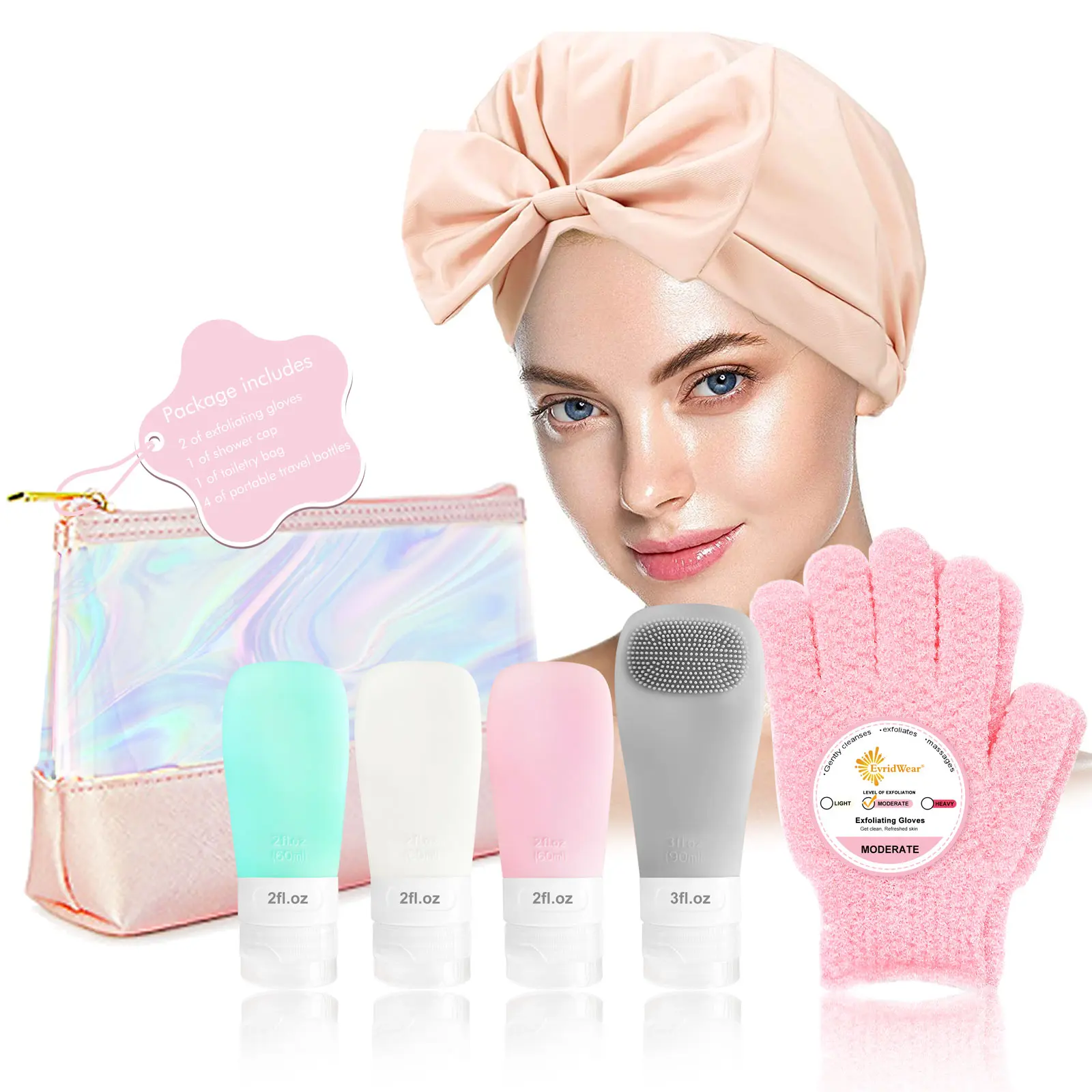 EvridWear Bath Set for Women - Spa Kit with Exfoliating Gloves, Shower Cap, Toiletry Bag, Travel Bottles (4), Labels, Lightweight Accessories