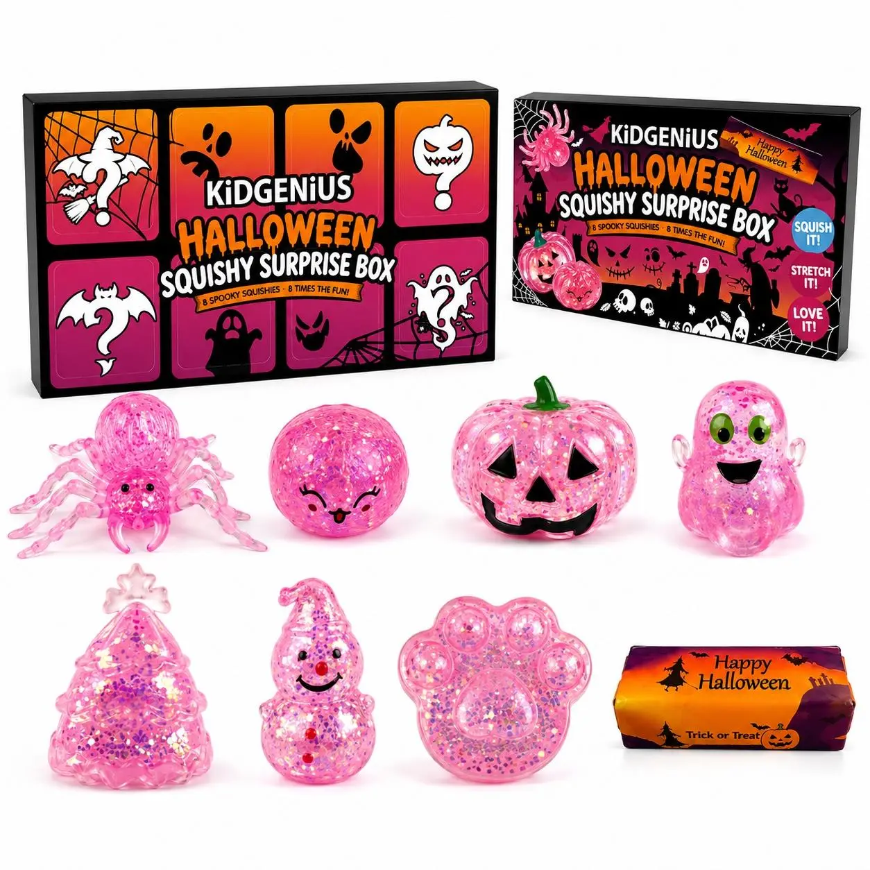 KIDGENIUS 8-Pack Halloween Glitter Squishies Set - Decompression Squishy, Sensory Squishies, Glitter Stress Balls, Mystery Sensory Fidget, Spooky Party Favors, Anxiety Relief Toys for Kids, Halloween Things