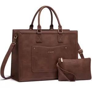 【NEW IN】LOVEVOOK Laptop Tote Bag for Women, 15.6 Inch Work Bags, Vintage Leather Tote Bag, Waterproof Computer Bags with Clutch Purse, Large Capacity Messenger Bag for Teacher College Business Office