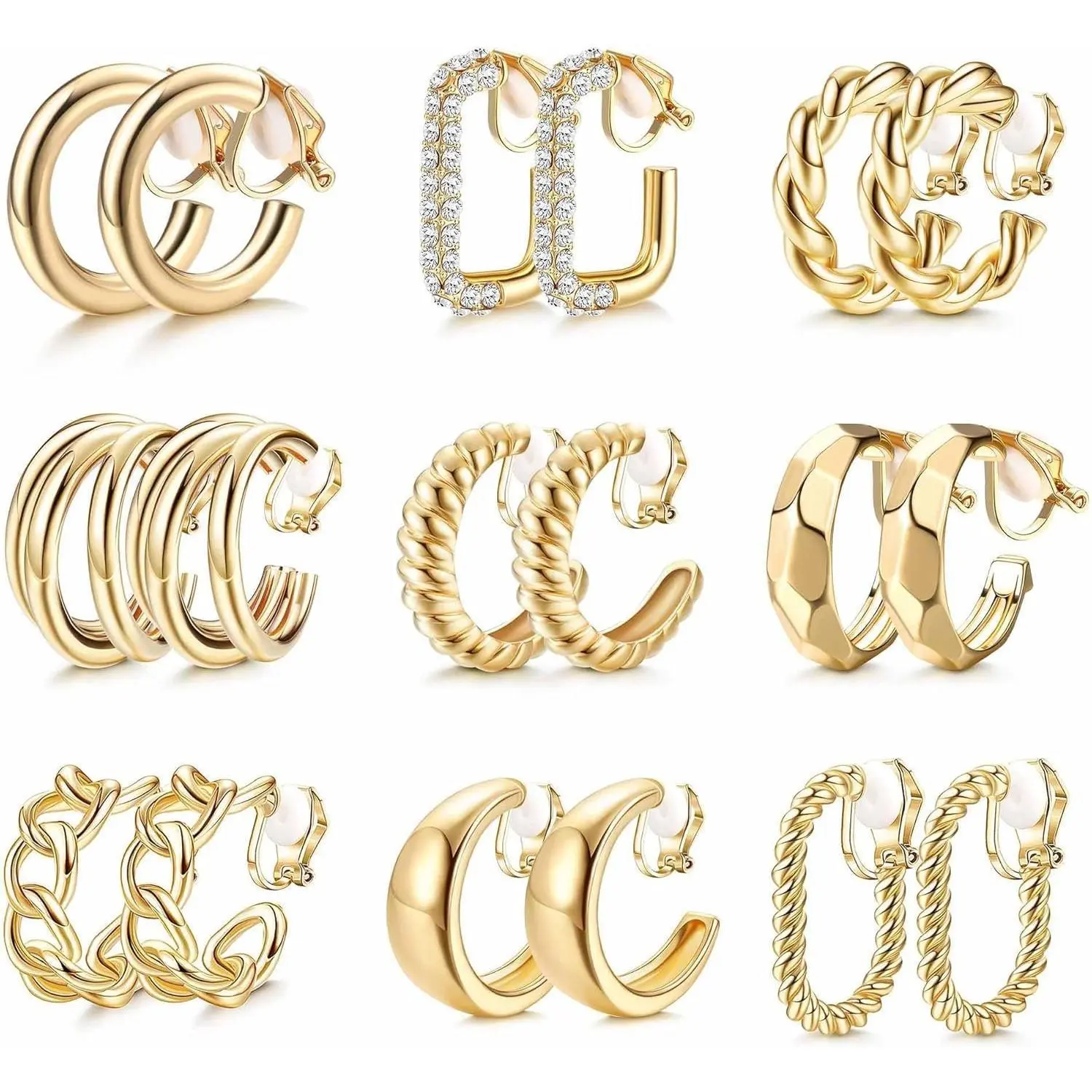 CASSIECA Chunky Clip Hoops Earrings Stacks 14K Gold-Plated Non-Pierced Tear Drop Earrings for Women, Daily Wear Fake Costume Jewelry Summervibes