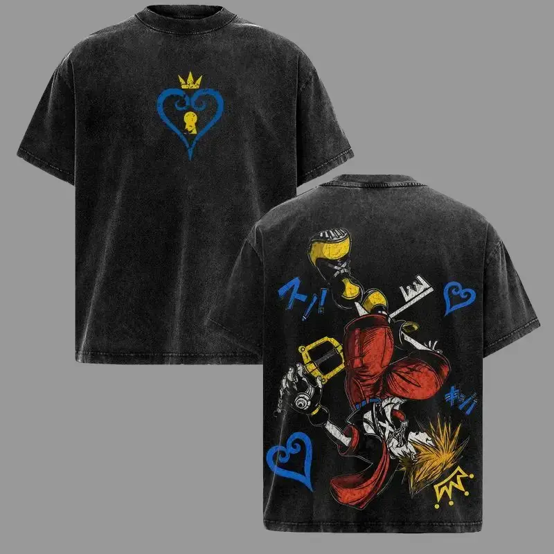 Menswear Man's Sora Kingdom Hearts Vintage Washed Heavy Cotton Oversized Graphic T-Shirt & Hoodie, Retro Anime Game Crossover Streetwear, Keyblade Wielder Heartless Emblem Unisex Aesthetic Top Crewneck Tshirt