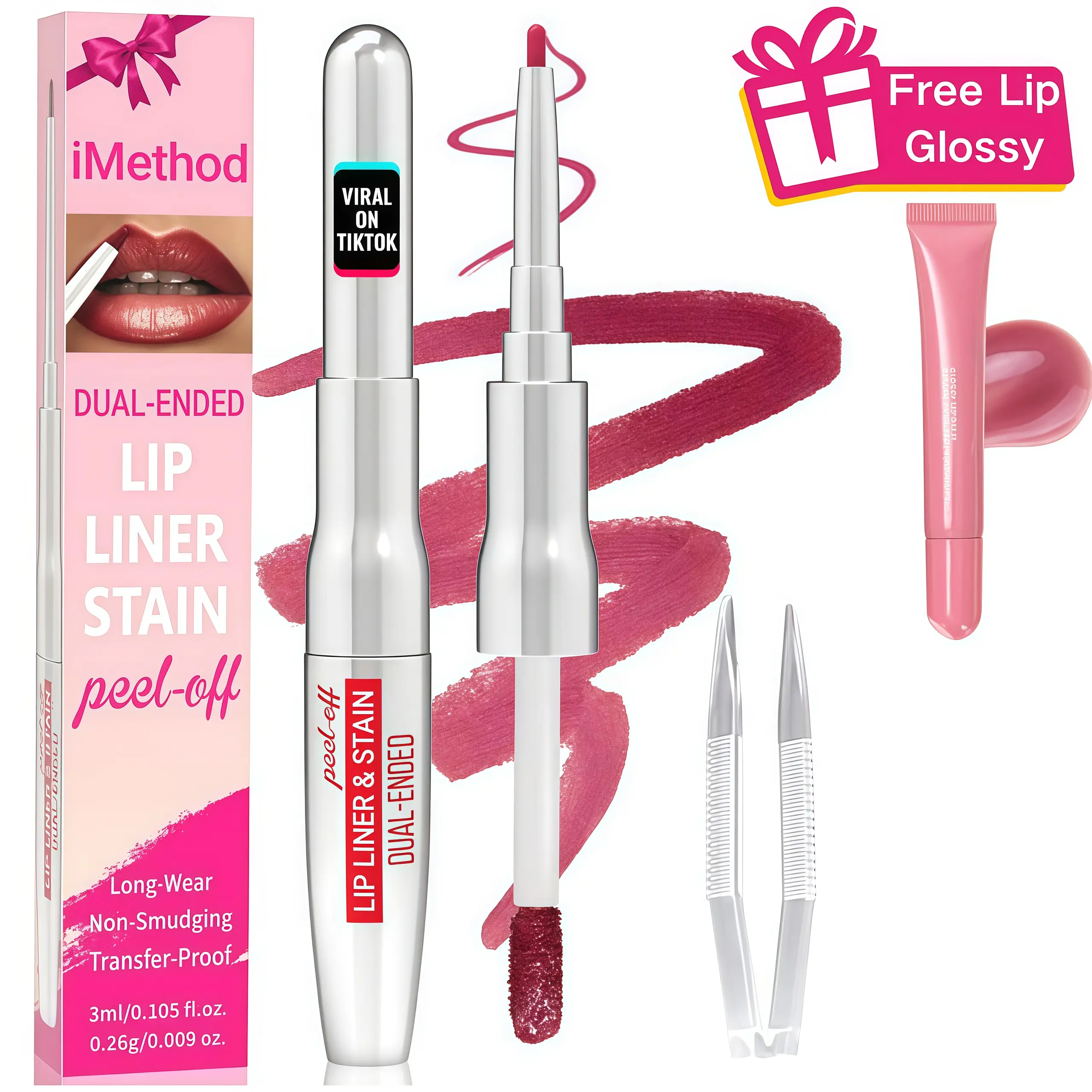 iMethod Lip Liner Stain - Lip Stain, 2-In-1 Dual-Ended Peel Off Lip Stain with Tweezer, Natural Long Lasting Peel Off Lip Liner, Easy to Use for All Skin Types, Stay All Day, Rose
