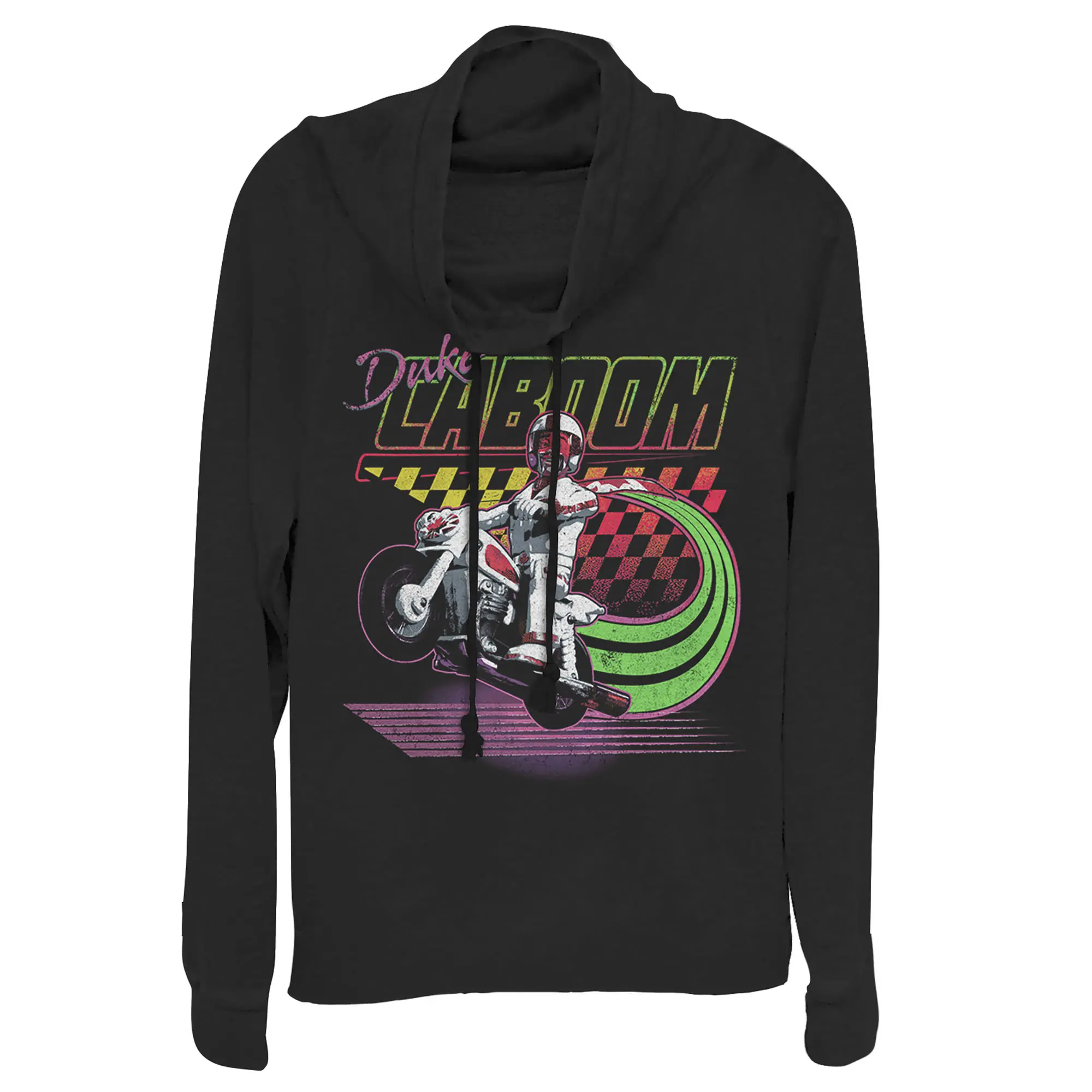 Juniors Womens Toy Story Duke Caboom Neon Race Cowl Neck Sweatshirt