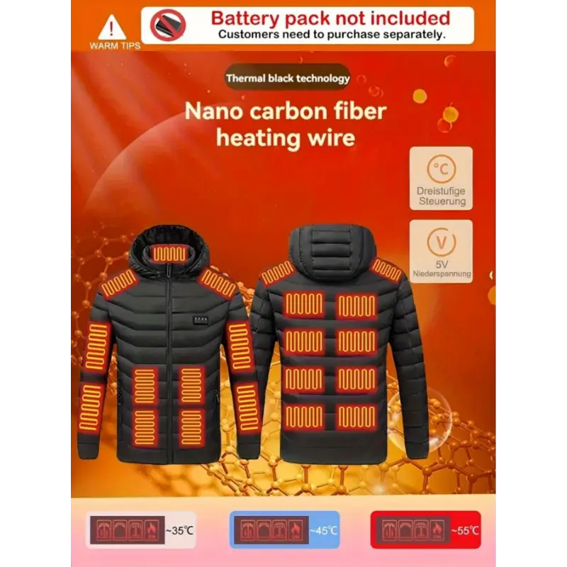 Heated Thermal Jacket - Basic Nylon Woven Fabric Coat, 1pc with 21 Heated Areas, 4-Switch Control, USB Powered, Hooded Zip Polyester Outerwear, Machine Washable for Autumn/Winter Outdoors Sports Use, Simple, Tops, Usb Heated, Solid, Regular Cut, Front Zip