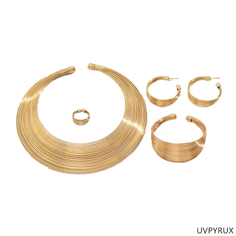 UVPYRUX Women's Golden Jewelry Set - Multi-Layer Metal, Geometric Line Design, Adjustable Necklace, Open Collar Bracelet, Accessories Kit for Adjustable & Bracelet Jewelry Sets