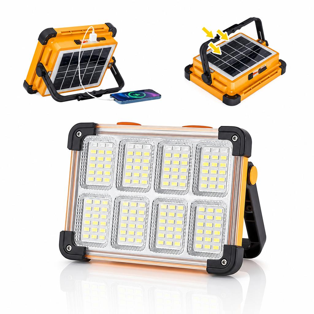 Portable Solar LED Work Light - USB Rechargeable Flashlight, Emergency LED Flashlight, Waterproof Camping Lantern & Emergency Power Bank for Jobsites