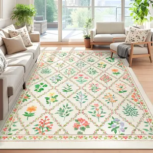 Living Room Rug Washable Rugs for Bedroom, Low Pile Non Slip Modern Geometric Foldable Soft Throw Carpet, Farmhouse Trellis Floral Floor Mats for Dinning Room, Office
