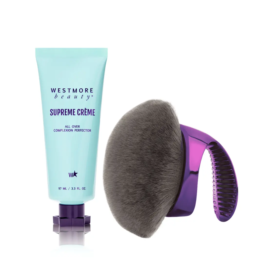 Westmore Beauty Supreme Crème 3.3oz + XL Blending Brush: Waterproof Moisturizing Foundation & Concealer with Hyaluronic Acid & Niacinamide