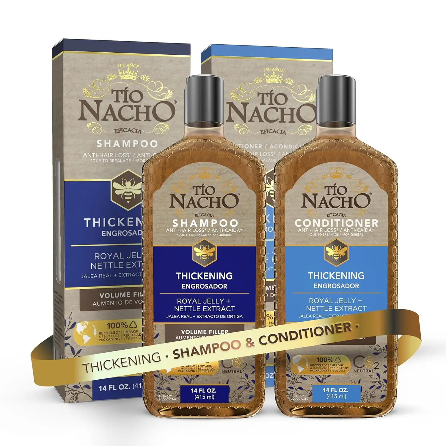 Tio Nacho Capilgross Thick Haircare Set - Unisex Alcohol-Free Gentle Cleanser Shampoo and Conditioner with Royal Jelly, Nettle, Ginseng, Cinchona Pubescens Bark Extract, Reduces Loss, Strengthening, Nourishes, Volumizes Aging Normal Shiny Hair, 14 fl oz