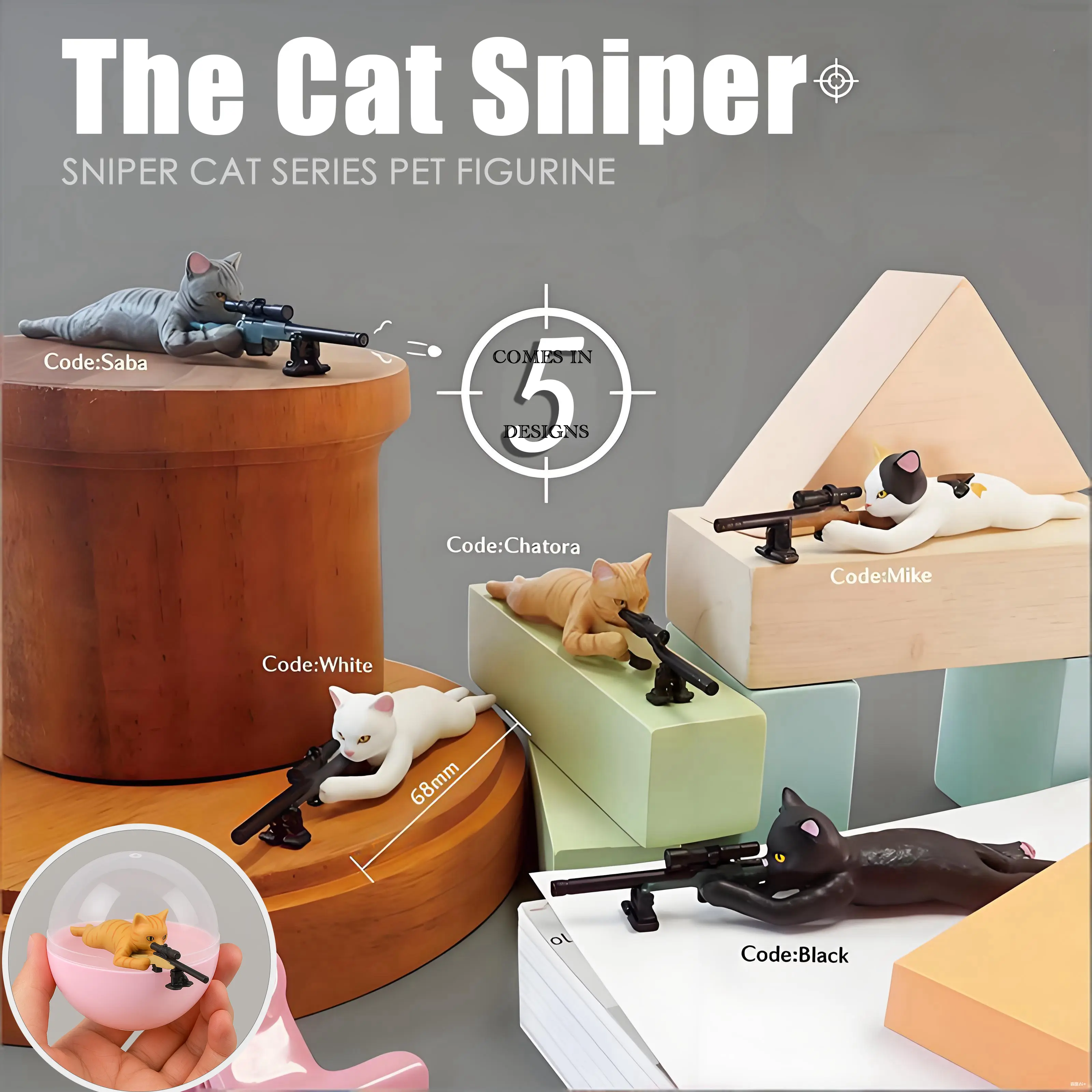 Summervibes Sniper Cat Gacha Capsule, Cat Figurine Holding Sniper